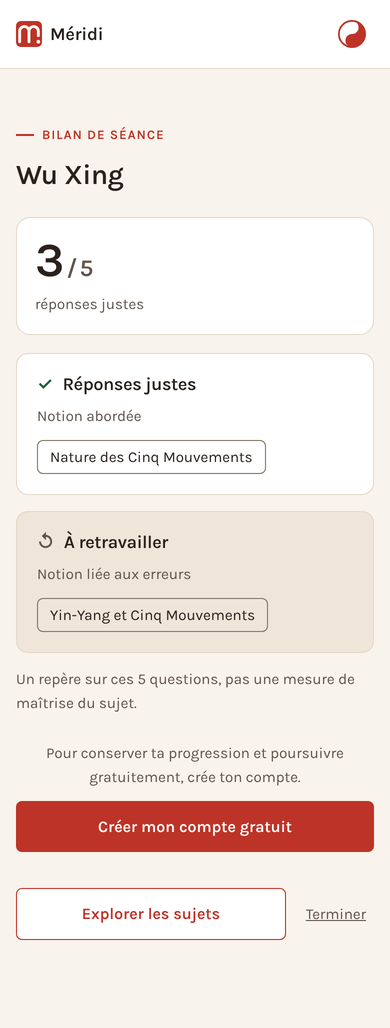 Bilan de séance dans Méridi : 3 réponses justes sur 5, la notion réussie et la notion à retravailler.