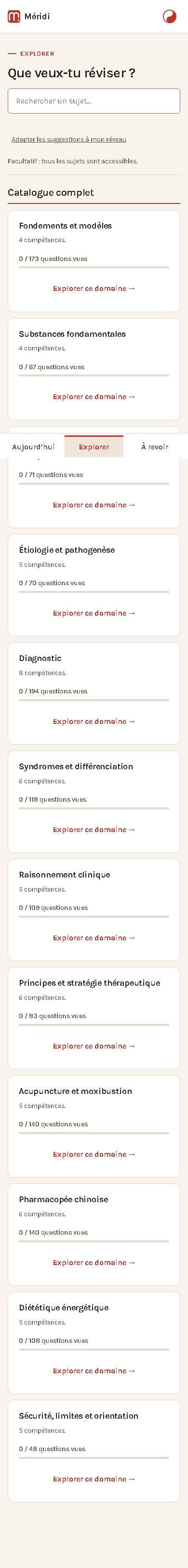 Catalogue de Méridi : rechercher une notion ou choisir un domaine de révision.