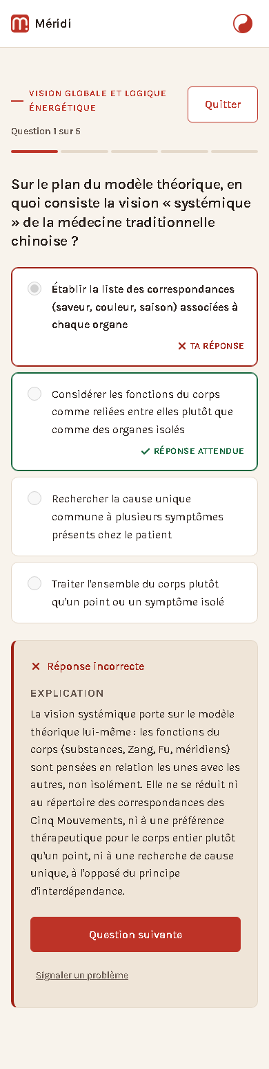 Correction dans Méridi : la question, la réponse choisie et l’explication restent réunies.