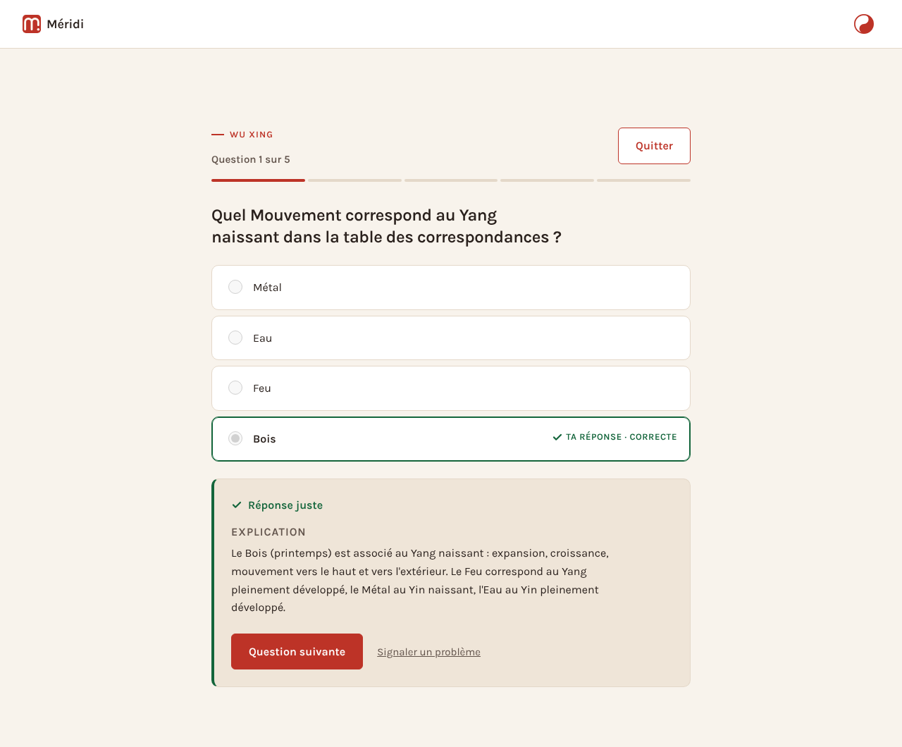 Une correction dans Méridi sur ordinateur : la question, la réponse choisie et l’explication.